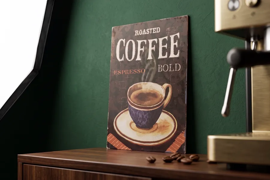 Cartel de café tostado apoyado en la barra, junto a la máquina de espresso