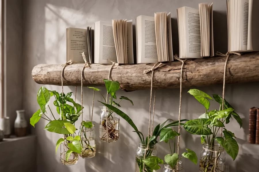 Libros abiertos sobre un estante de madera, con plantas en frascos de vidrio
