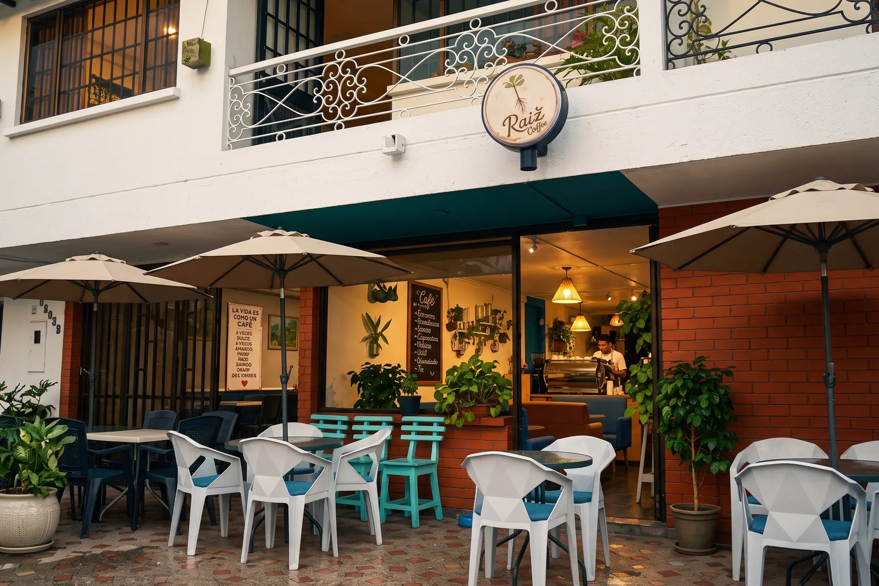 Fachada de Raíz Coffee Root con su terraza, sombrillas y sillas turquesa