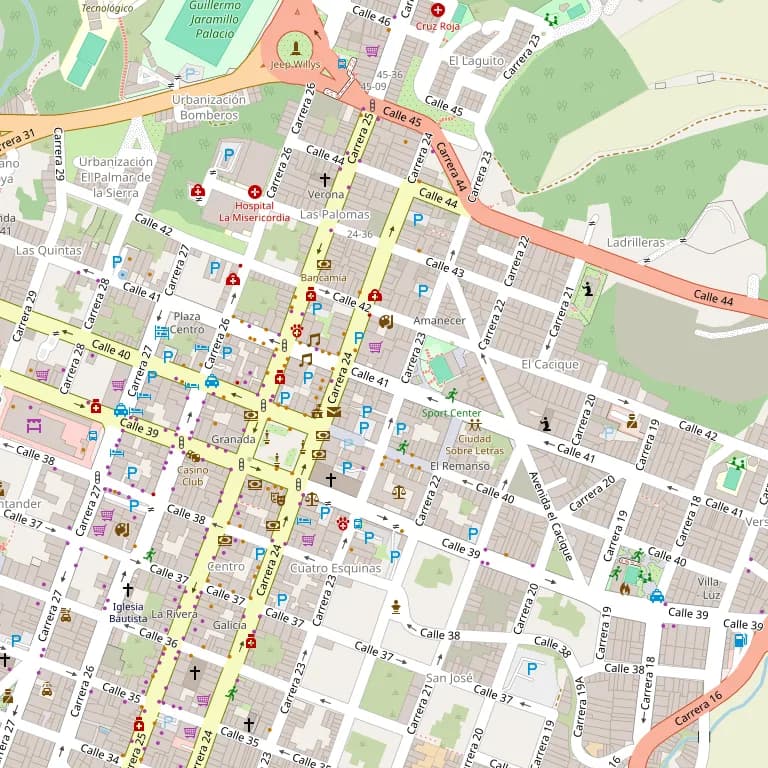 Mapa de Calarcá con Raíz Coffee Root señalado en la Carrera 24 con Calle 41