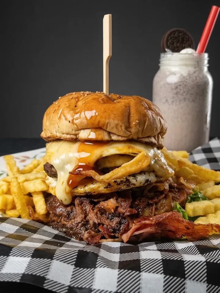Hamburguesa con papas a la francesa y un jugo de frutos rojos servido en frasco de vidrio